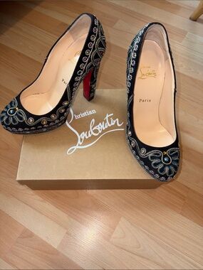 Christian Louboutin Black Embellished Velvet Pumps with Red Soles